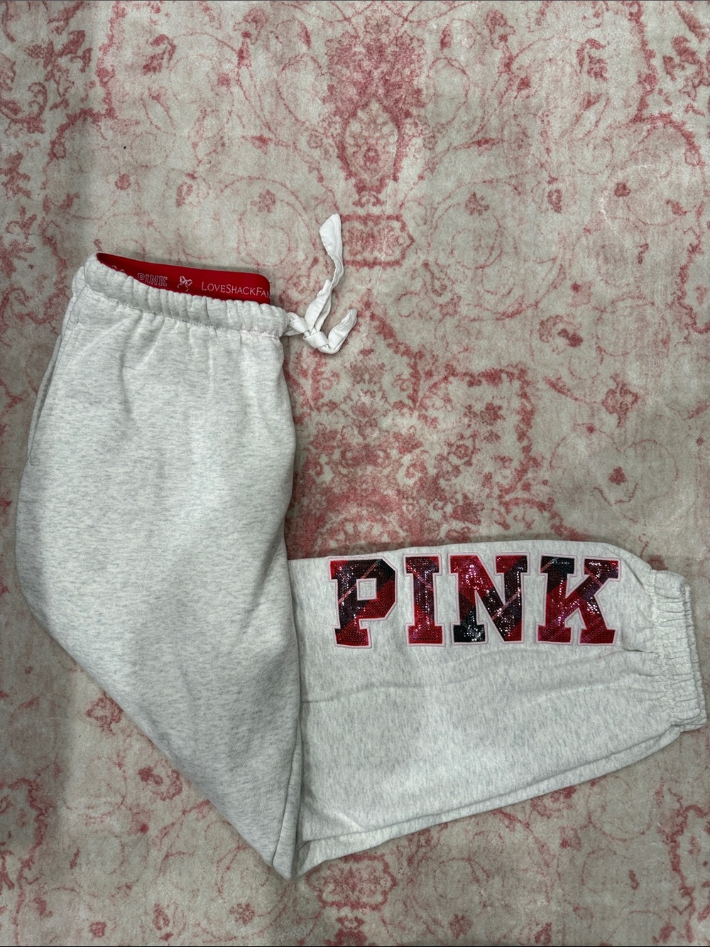 LoveShackFancy PINK ❤️💓Grey Sweatpants with Red Waistband SIZE MEDIUM